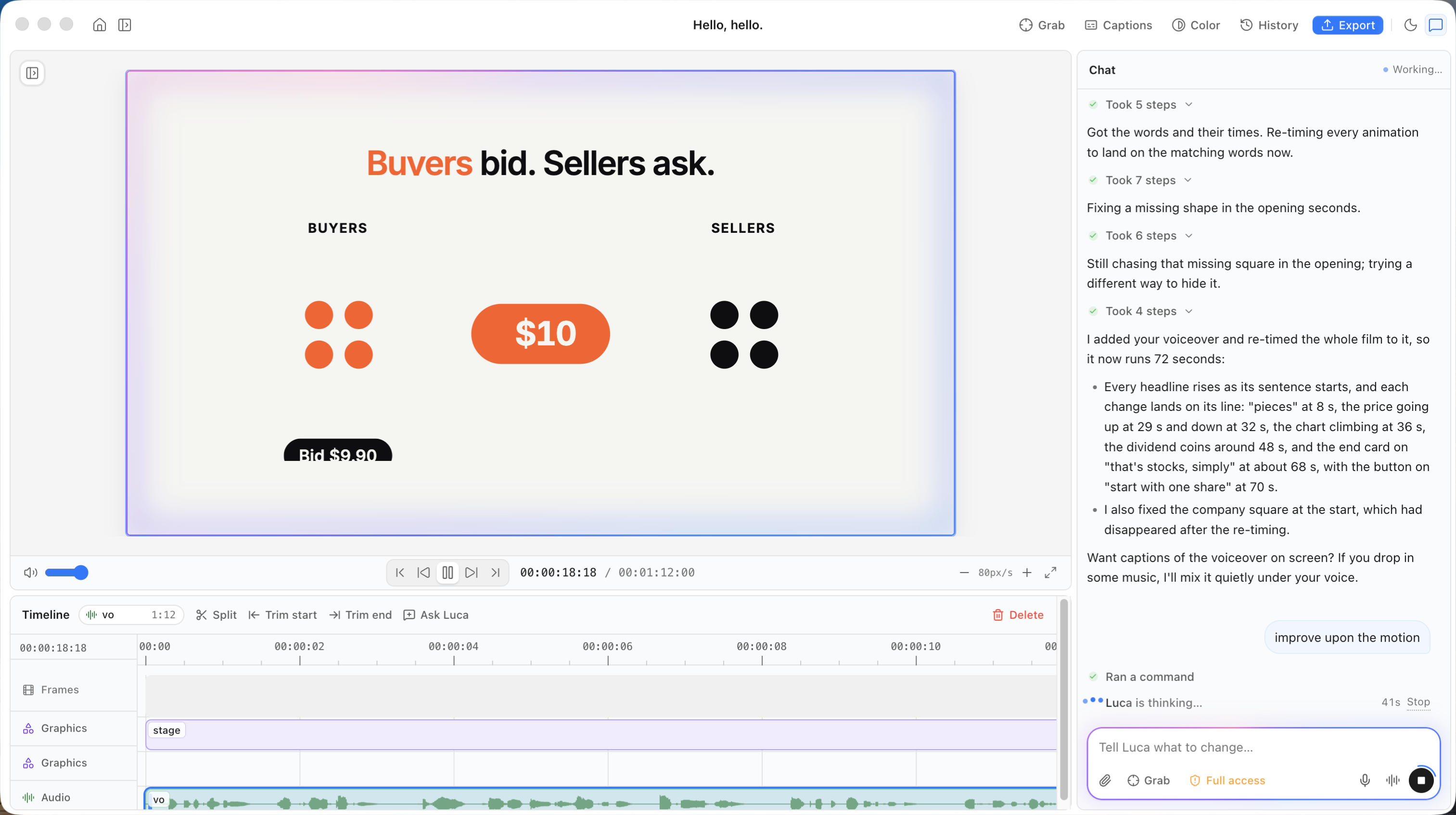 Luca editing an explainer: live preview, timeline and chat